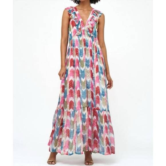 EUC Oliphant Metallic Gold Detail Teal Merritt Sleeveless Maxi Dress Size XS / S - Picture 2 of 8